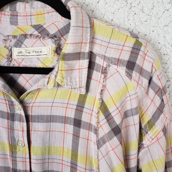 Free People Top Seeking Starlight Plaid Button Down Shirt Pink XS Boho Grunge - Picture 2 of 9